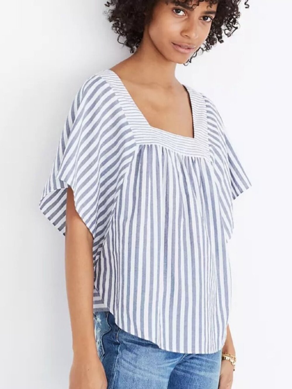 Madewell Navy and White Striped Square-Neck Blouse Butterfly Top Stripe Play S